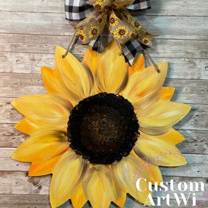 Painted sunflower door hanger, front door decor, summer flower, front porch sign, fall hand-painted yellow sunflower, housewarming gift