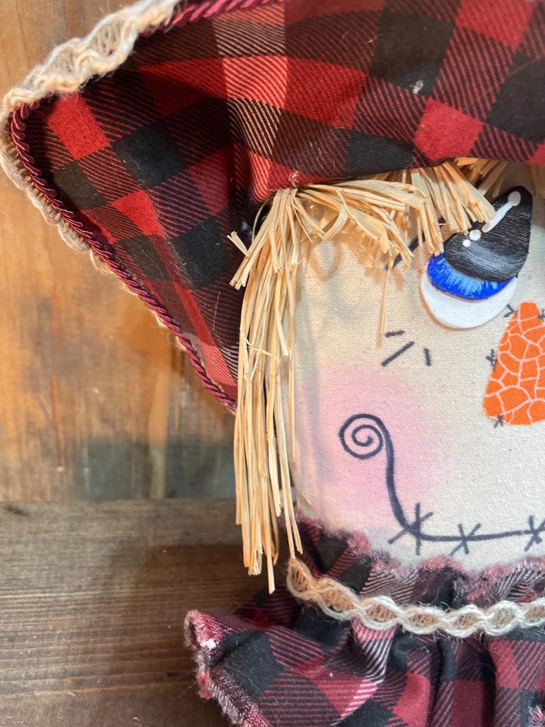 Plaid Scarecrow Decor | Rustic Fall Shelf Sitter | Farmhouse Autumn Decoration | Handmade Primitive Scarecrow image 8