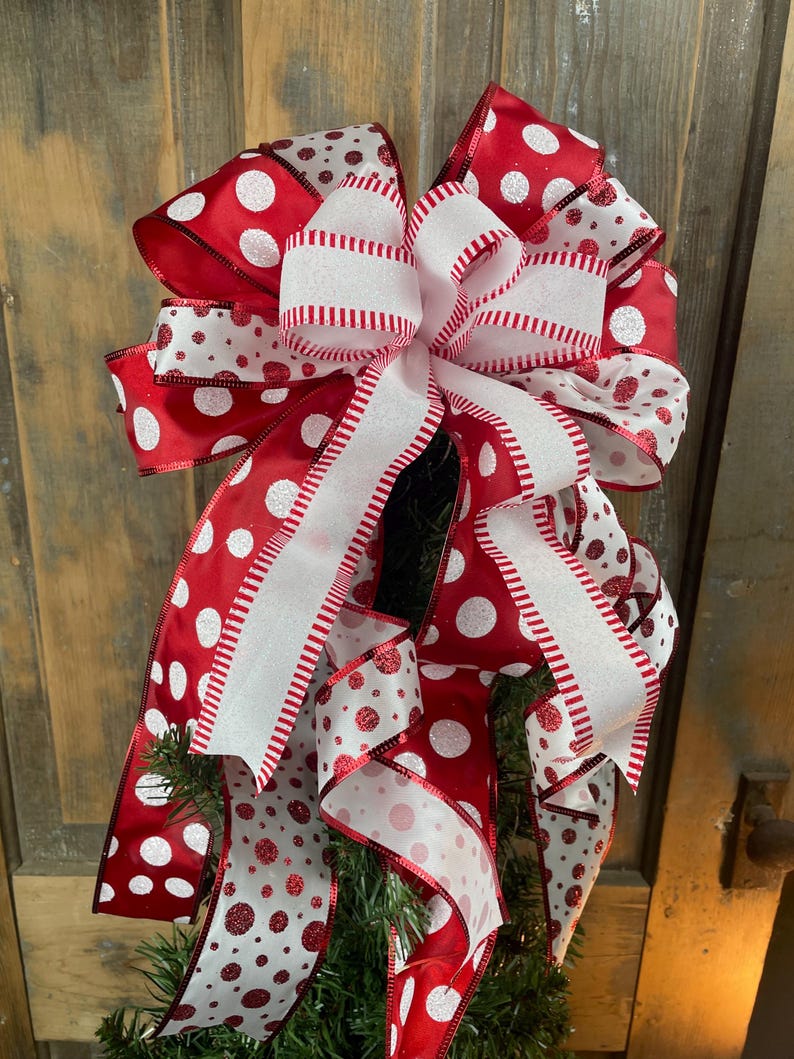 Red and White Polka Dot Christmas Tree Topper Bow – Candy Cane Holiday ...
