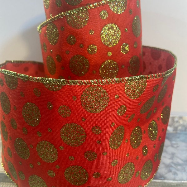 Red with old gold/moss green glitter dots ribbon 4 inch wired, Christmas, holiday, dyi wreath making, ladybug theme