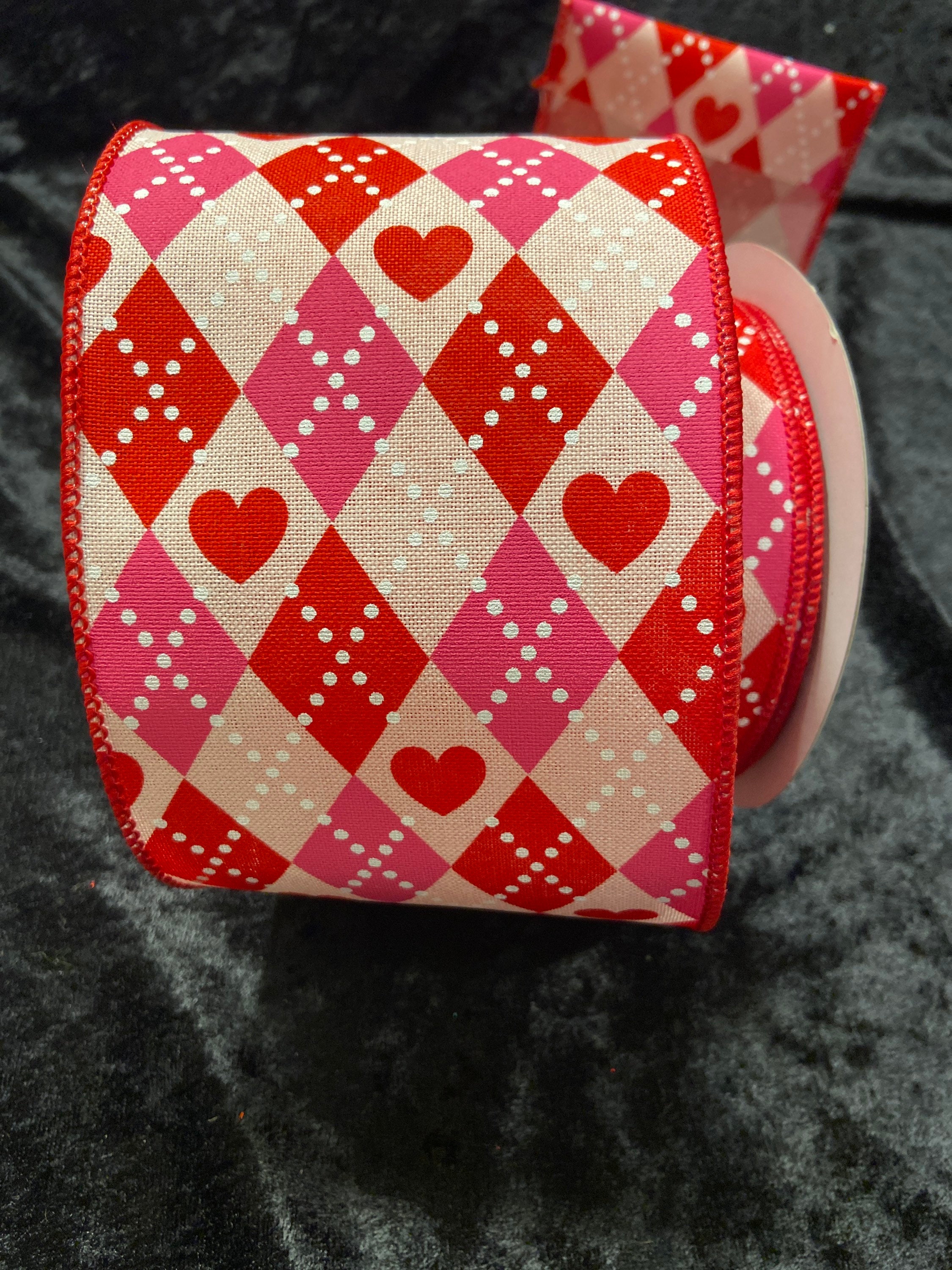Valentines Day Ribbon, Valentine Ribbon, Wired Ribbon for Wreaths, Wreath  Supplies, Argyle Hearts, Red and Pink, RGA135501, Ribbon for Bows