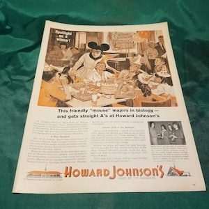 May include: A color illustration of a group of children celebrating a birthday with a cake and balloons. The children are sitting at a table in a restaurant. One child is wearing a Mickey Mouse costume. The text "Howard Johnson's Host of the Highways" is at the bottom of the image.