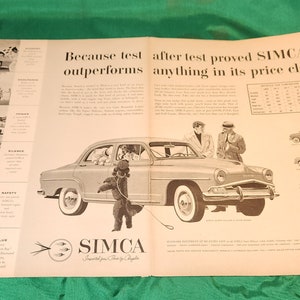 May include: A black and white vintage advertisement for Simca cars. The ad features a photo of a Simca car with three men standing next to it. The text reads "Because test after test proved Simca outperforms anything in its price class".