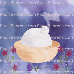 Peut inclure: Un diffuseur en céramique blanche de forme ronde est placé dans un bol brun clair. Le diffuseur émet de la vapeur et le bol est entouré de fleurs violettes et roses. L'arrière-plan est une aquarelle de couleur violette et bleue.