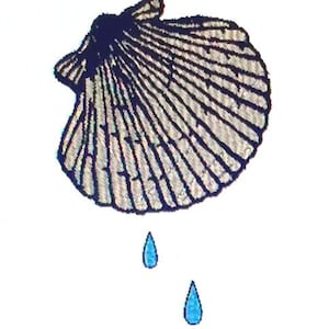 May include: A white seashell with a blue interior, dripping three blue water drops into a blue water puddle.