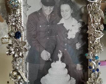 Embellished picture frame, vintage jewelry