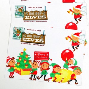 Holiday Elves 2022 Maximale ansichtkaart | Digitaal gekleurd poststempel
