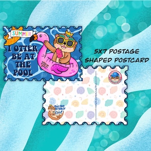 Ollie la carte postale en forme d'affranchissement de piscine d'été de loutre | Carte postale découpée | Carte postale d'été