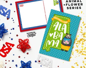 ALABAMA - Cartes postales d'animaux et de fleurs de l'État américain | Cartes postales d'État des États-Unis 4" x 6" | Lot de 5 cartes postales