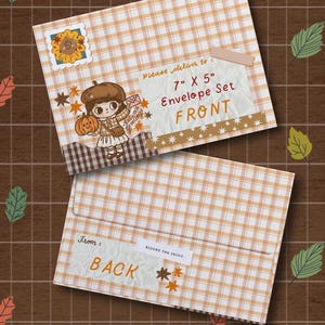 May include: Two envelopes with a light orange and white plaid pattern. The top envelope features a sunflower stamp, a cartoon character holding a pumpkin, and text reading Please deliver to: 7" X 5" Envelope Set FRONT. The bottom envelope shows BACK.