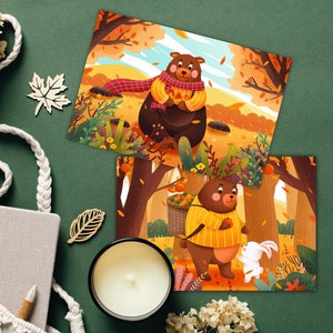 Ensemble mignon de carte postale d'ours d'automne | Ensemble de 2 cartes postales d'automne | Action de grâces