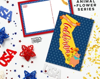 CALIFORNIE - Cartes postales d'animaux et de fleurs de l'État américain | Cartes postales d'État des États-Unis 4" x 6" | Lot de 5 cartes postales