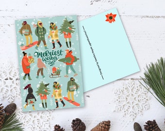May include: A holiday greeting card with a light blue background and illustrations of people in winter clothing. The card reads "Merriest wishes" and has a poinsettia on the back.