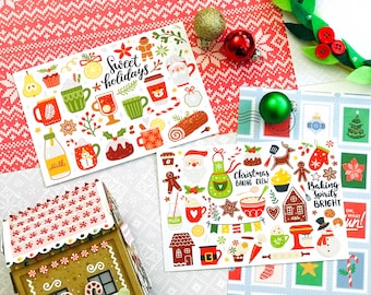 May include: Two white cards with colorful illustrations of Christmas baking and holiday themed items. The cards have the text "Sweet holidays" and "Christmas Baking Crew" on them.