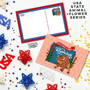 WYOMING - Cartes postales d'animaux et de fleurs de l'État américain | Cartes postales d'état des États-Unis 4" x 6" | Lot de 5 cartes postales