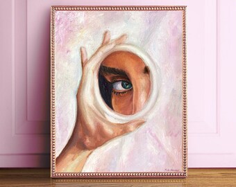 Eyes in mirror original oil painting on canvas, mirror in woman hand, green woman eyes, big eyes, oil portrait painting, magenta background