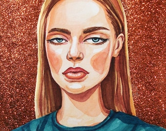 Custom watercolor portrait with glitter, shiny portrait, personalized illustration, stylized portrait, gift for her, custom fashion portrait