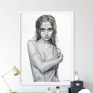 Nude Woman Body With Gold Leaf Watercolor Art Print Wet Hair | Etsy