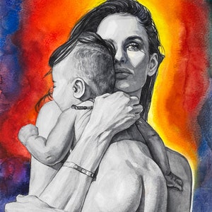 Pittura ad acquerello della maternità, madre e bambino in bianco e nero, mamma e figlia, regalo per la festa della mamma, madre e bambino, regalo di maternità