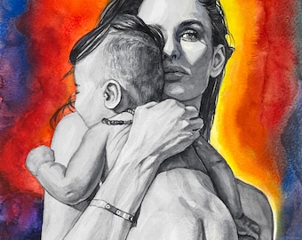 Mom and daughter watercolor painting, Motherhood art, black and white mother and baby, mothers day gift, mother and child, maternity gift