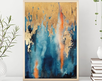 Original blue abstract painting with gold leaf, luxury blue watercolor abstract painting, Mother's gift, gold leaf art, impressionism art