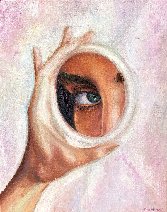 Eyes in Mirror Original Oil Painting on Canvas, Mirror in Woman