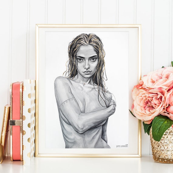 Nude Woman Body With Gold Leaf Watercolor Art Print Wet Hair picture