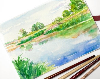 Custom original watercolor landscape, nature painting, mountain from photo, sunset art, sky painting