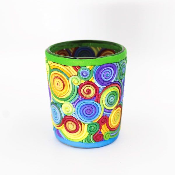Rainbow colored polymer clay votive candle holder, Polymer filigree patterned candle, clay home decor, unique housewarming gift
