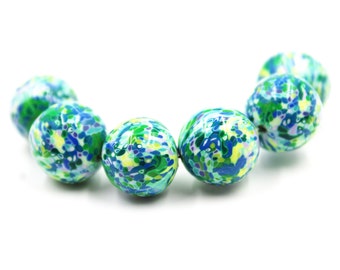 13mm polymer Clay Patchwork Beads (Set of 6) green, blue, yellow, focal beads