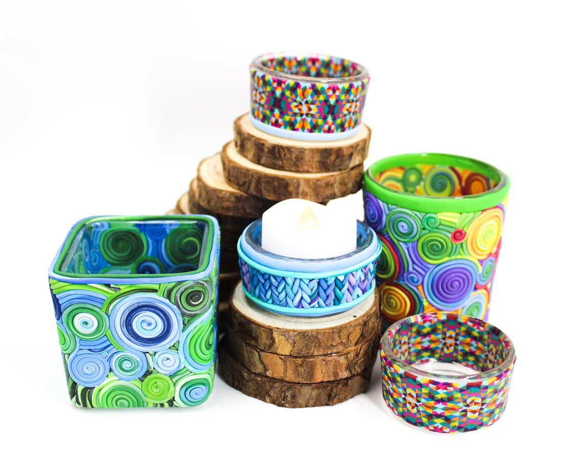 Polymer Clay Tea Light Holder Glass Votive Holder Tea Light Etsy