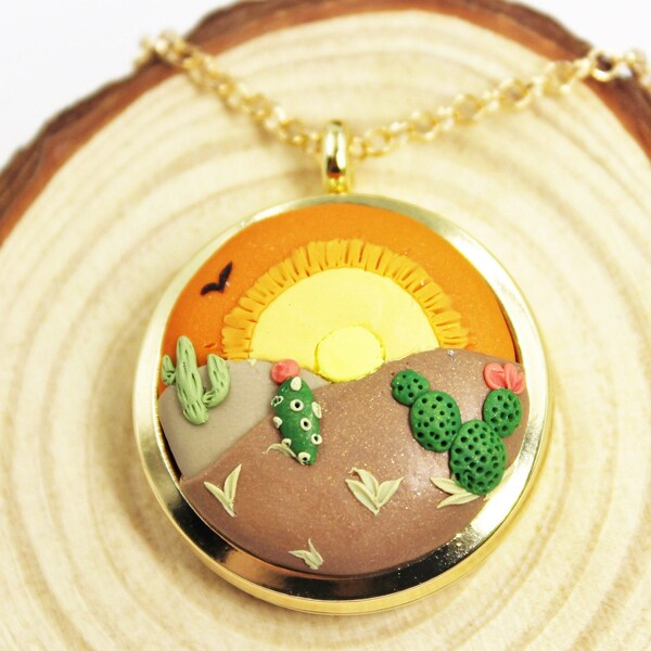 Southwest Jewelry, arizona desert embroidery, clay embroidery, cactus pendant, polymer clay, southwestern wear, sunset necklace, clay art