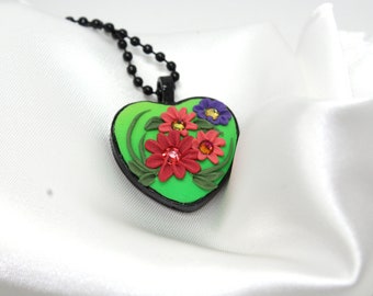 Polymer Clay Embroidery Heart shaped Flower Pendant with Black enamel ball chain