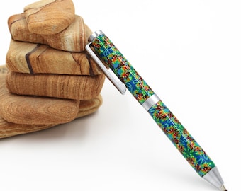 Polymer Clay Credit Card sized Pen, mini pen, Chrome pen, refillable pen, office pen, polymer clay cane