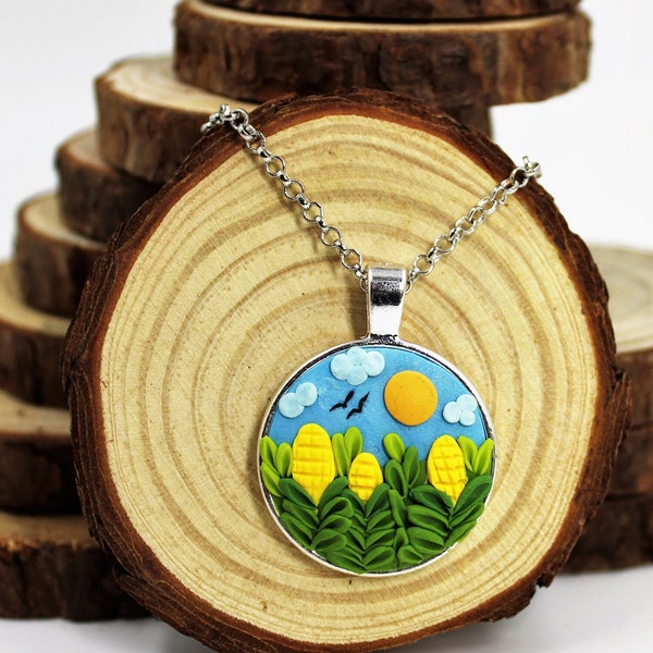 Cornfield pendant, handmade polymer clay, clay applique, handmade jewelry, clay embroidery, boho jewelry