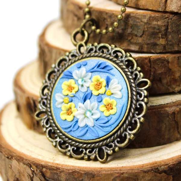 polymer clay embroidery pendant, blue yellow flower necklace, wearable art, gift for her, one of a kind jewelry