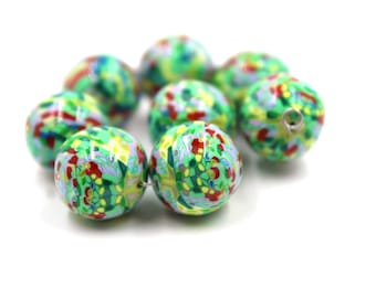 13mm polymer Clay Patchwork Beads (Set of 6) pink, green, purple, white, focal beads