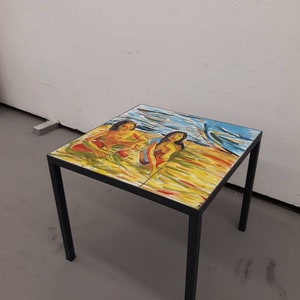 Mesa de centro com cobertura em azulejo de cerâmica arte casal pintura colorida mesa lateral base de metal da mesa