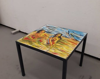 Céramique Tile Topped Coffee Table Art couple peinture de couleur Table latérale Base métallique de la table