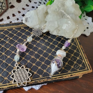 Crown Chakra Spell Bottle Pendulum, Amethyst Pendulum, Beaded Gemstone Pendulum