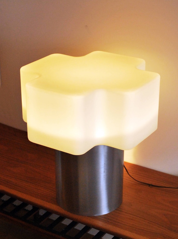 Vintage Unique Glass Shade Aluminum Mid Century Frosted Glass Table Lamp