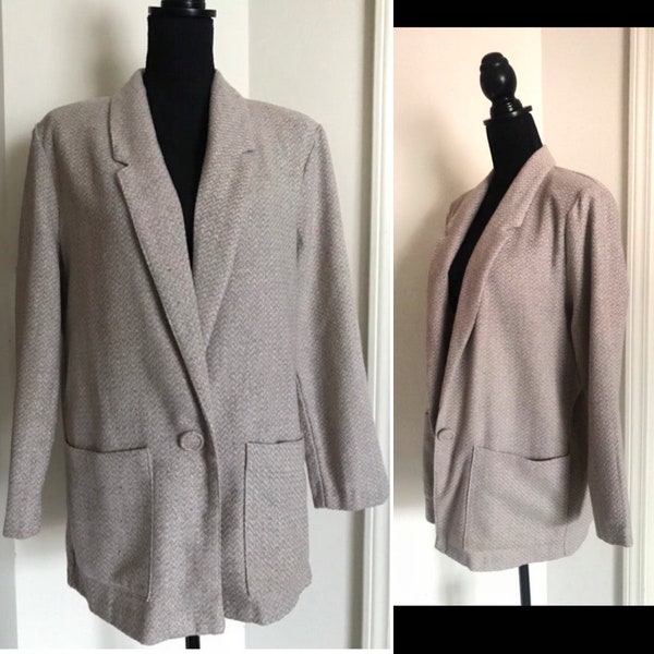 Vintage Beige Neutral Chevron Pattern Oversized Button Pockets Minimalist Menswear Womens Lightweight Wool Blend Blazer Jacket Coat