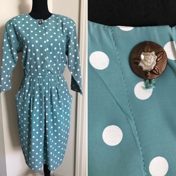 Vintage Pastel Teal Green Blue White Polka Dot 40… - image 1