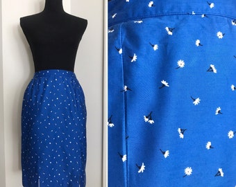 Vintage White Flower Floral Print Pleated Pleat Slit 50s 60s Style Pinup Rockabilly Tailored Made In Italy Cobalt Royal Blue Pencil Skirt