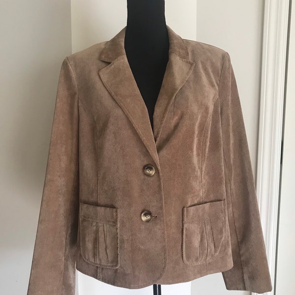 Vintage Tan Camel Brown Corduroy Collared Button Front Pockets Dark Academia Preppy Style Minimalist Tailored Coat Blazer Suit Jacket