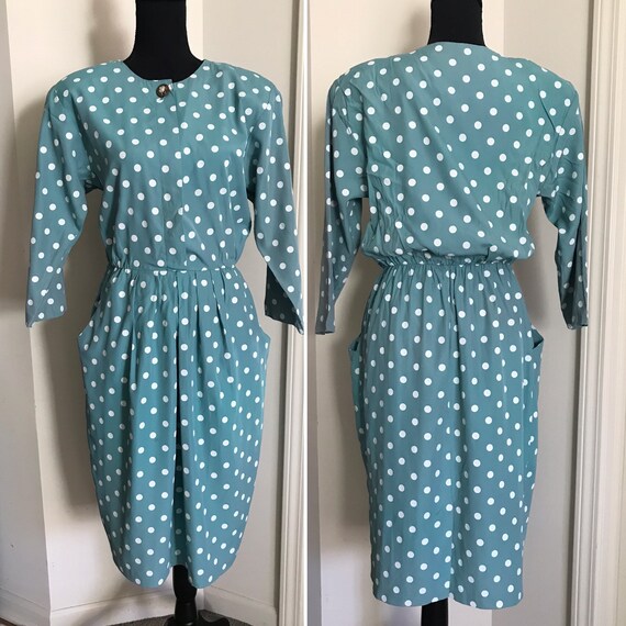 Vintage Pastel Teal Green Blue White Polka Dot 40… - image 2