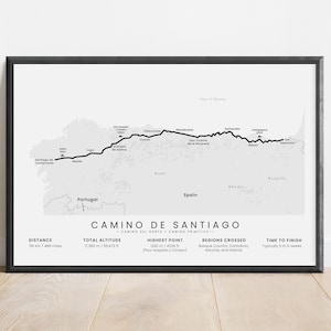 Camino del Norte + Camino Primitivo Imprimer | affiche de carte du Camino de Santiago | Art mural sentier de randonnée du Chemin de Saint-Jacques de Compostelle | Cadeau plein air