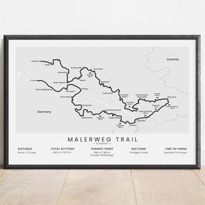 Stampa del sentiero Malerweg / Poster del sentiero escursionistico della Svizzera sassone / Parete artistica escursionistica in Germania / Mappa del sentiero escursionistico dei Monti dell'Elba