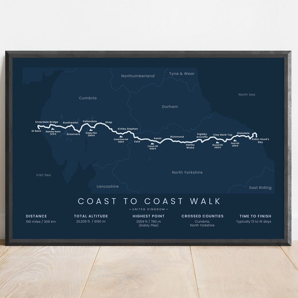 Coast to Coast Walk Print | Wainwright's Coast to Coast Path Map | England Thru Hike Poster | United Kingdom Long Distance Hiking Wall Art