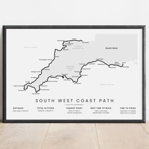 Zuidwestkustpad-print | Kaart langeafstandswandelroute Cornwall Engeland | Britse muurkunst Somerset Walking Path | Wandelcadeau